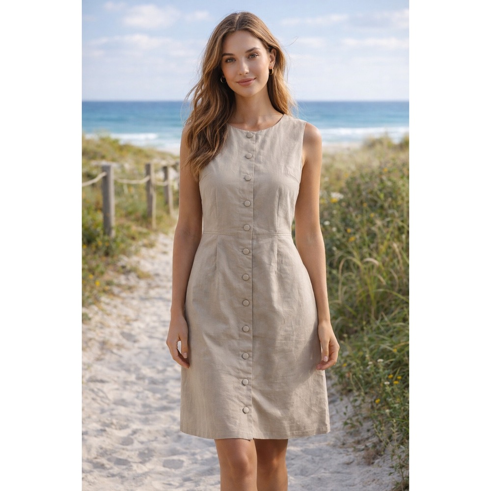 New Preston & York Linen Shift Dress Seas The Day Button Front Sleeveless tan 10